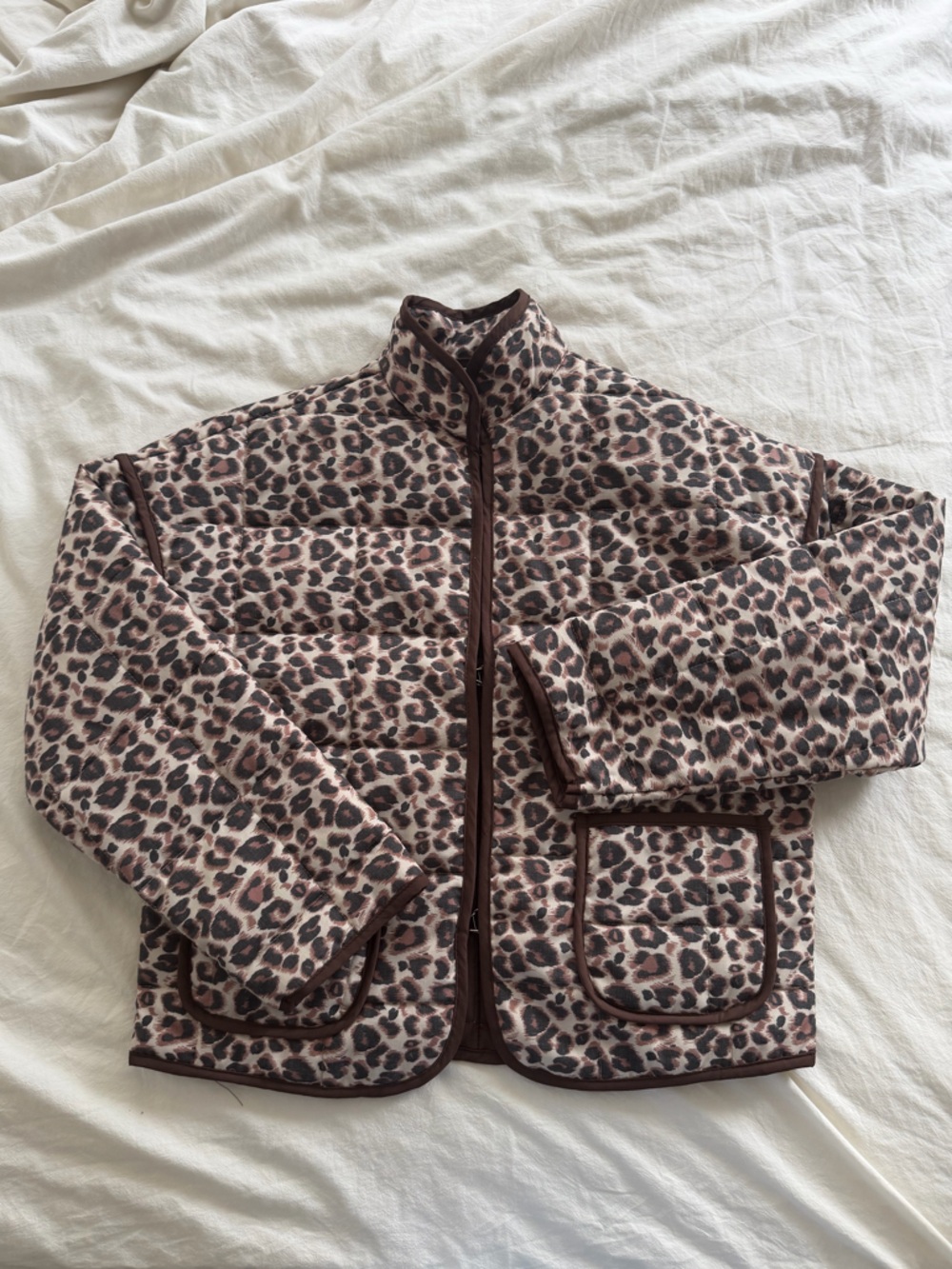 Leopard Print Quilted jacket with Brown Trim